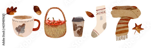 Watercolor Autumn illustrations, hand drawn, vector . Halloween. Fall leaves, acorns, basket with apples, scarf, book ,sock, coffee. Collection of autumn illustrations isolated on white