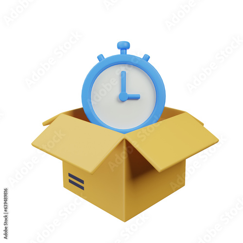 3d Illustration of shipment icon in 3d render style box opened with clock icon pending