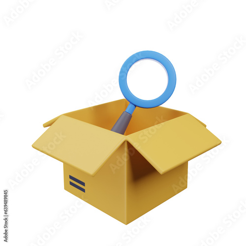 3d Illustration of shipment icon in 3d render style box opened with magnifying icon