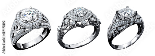 Set of elegant diamond engagement ring isolated on transparent background. Generative AI