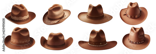 Set of various retro vintage cowboy hats isolated on transparent background. Generative AI 