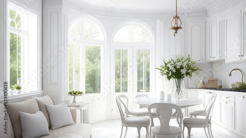 Luxurious interior design of white kitchen, dining room with windows and living room in one space