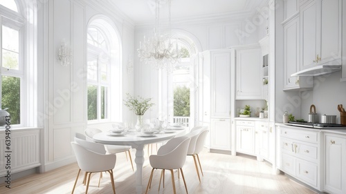 Luxurious interior design of white kitchen, dining room with windows and living room in one space © Ayatul