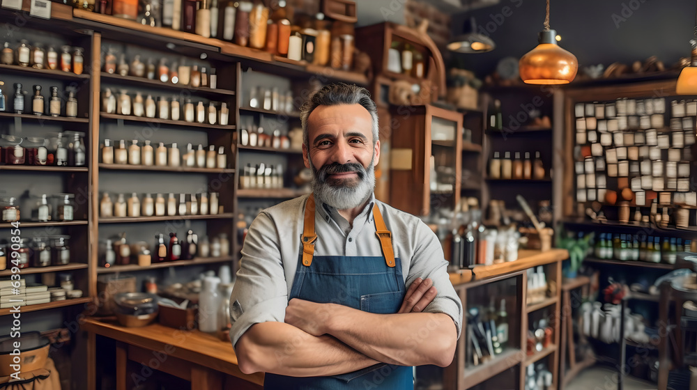 Portrait of happy smiling small restaurant owner wearing apron standing behind counter. Confident senior man owner smiling and looking at camera, Small business owner concept Portrait of happy smiling small restaurant owner wearing apron standing behind counter. Confident senior man owner smiling and looking at camera, Small business owner concept
