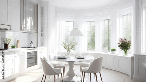Luxurious interior design of white kitchen  dining room with windows and living room in one space