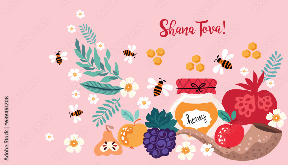 Rosh hashanah , Shana Tova - jewish new year holiday banner template design. Pomegranate, honey, wine, menorah, candle, star David, apple, shofar, flower Vector flat icon illustration	
