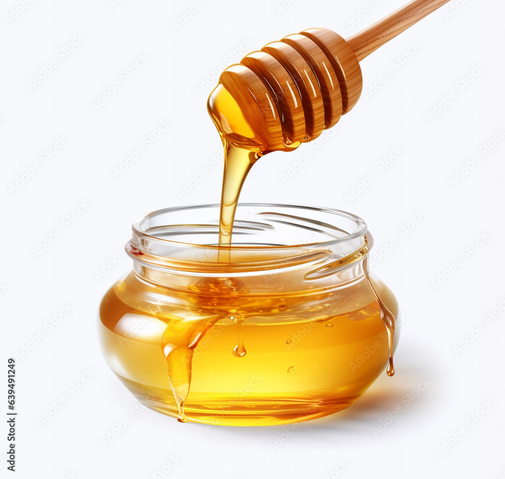 Honey on dipper from a jar isolated on transparent or white background generative Ai Honey on dipper from a jar isolated on transparent or white background generative Ai