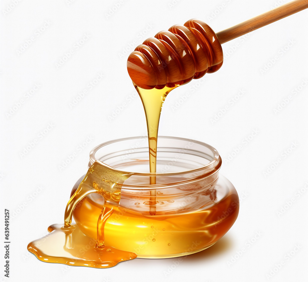 Honey on dipper from a jar isolated on transparent or white background generative Ai Honey on dipper from a jar isolated on transparent or white background generative Ai