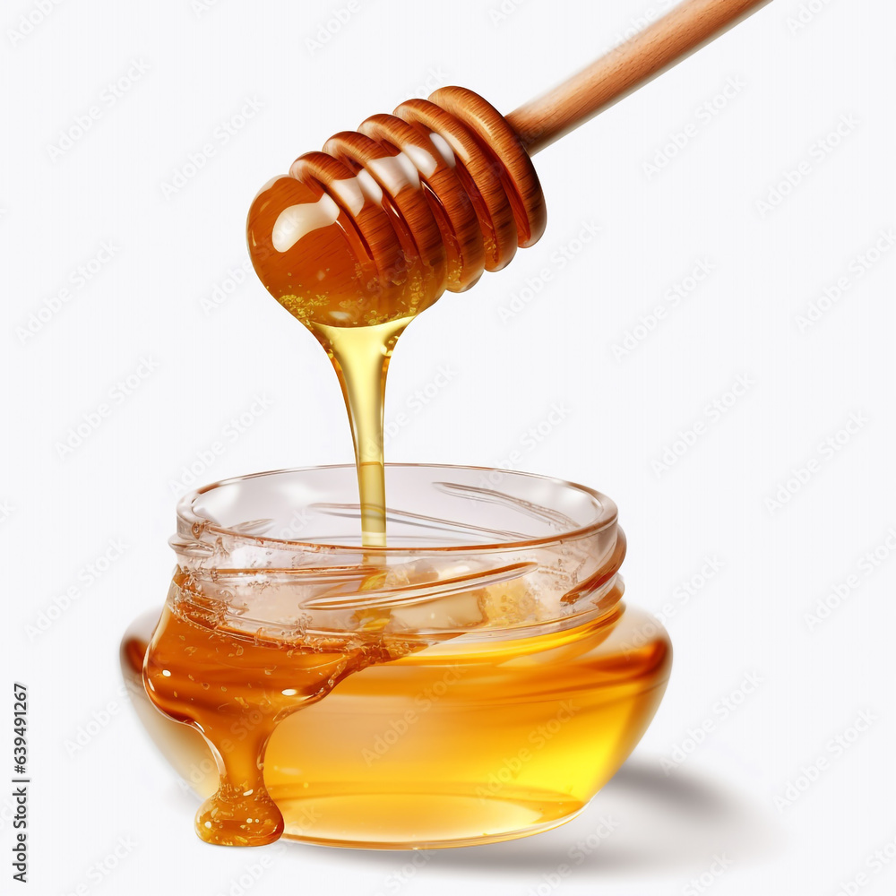 Honey on dipper from a jar isolated on transparent or white background generative Ai Honey on dipper from a jar isolated on transparent or white background generative Ai