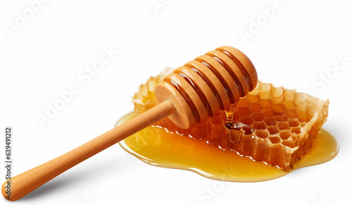 Honey flowing from dipper on honeycomb isolated on a transparent background generative Ai