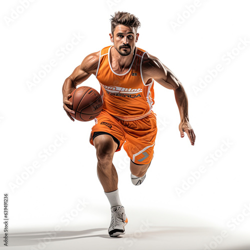 running caucasian men professional basketball player with ball in hands on white isolated background