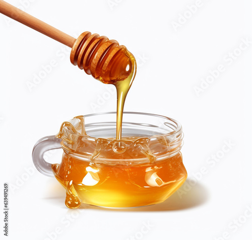 Honey on dipper from a jar isolated on transparent or white background generative Ai