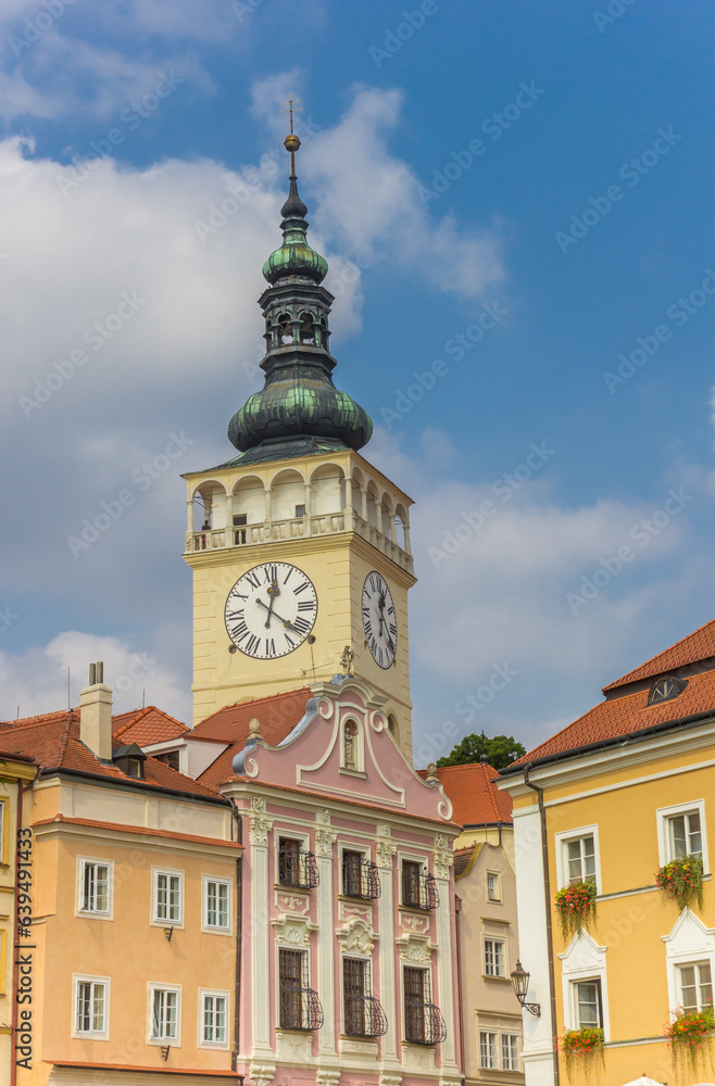 Colorful houses and church tower in Mikulov, Czech Republic