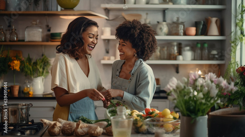 Mature Black women friends cooking together in the kitchen having fun generative Ai