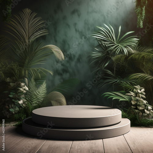 Platform round podium with plant product presentation background generative Ai
