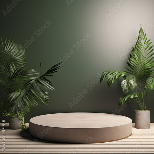 Platform round podium with plant product presentation background generative Ai