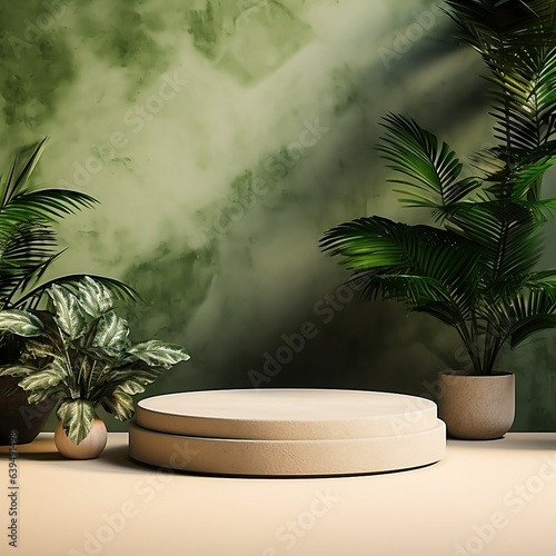 Platform round podium with plant product presentation background generative Ai