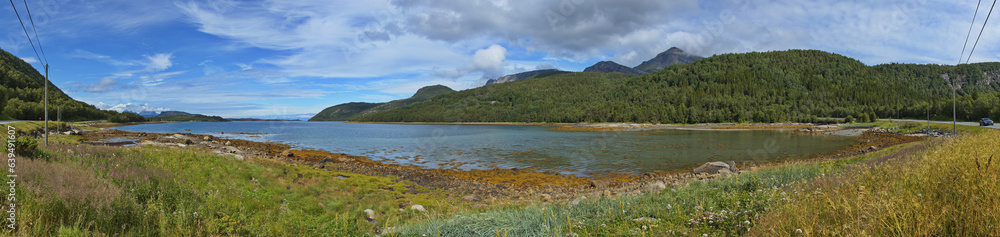 Panoramic view of the coast at Nordkil in Nordland county, Norway, Europe
