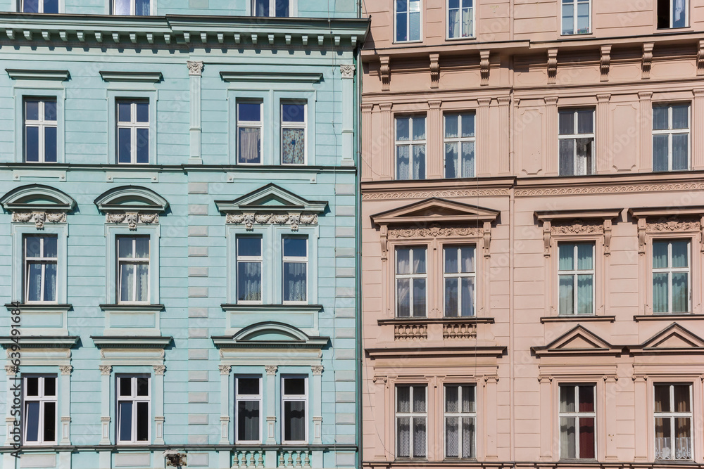 Colorful facades of apartment buildings in Karlovy Vary, Czech Republic