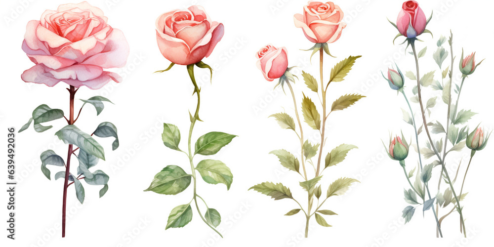 Set of Rose flowers watercolor style.