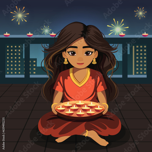 Happy Diwali Celebration Poster or Card Design with Beautiful Indian Girl Character Holding Burning Diya Plate and Sit on Roof. photo
