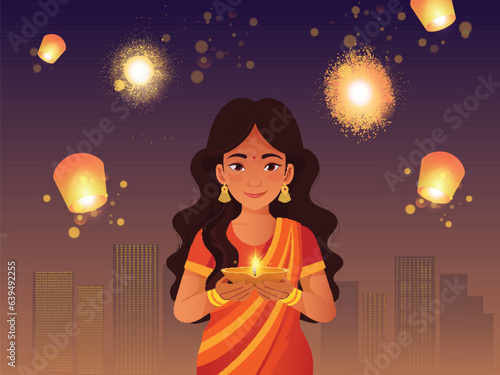 Happy Diwali Celebration Poster or Card Design with Beautiful Indian Woman Character Holding Lit Diya Against City Building in Sky Flying Lamp. photo