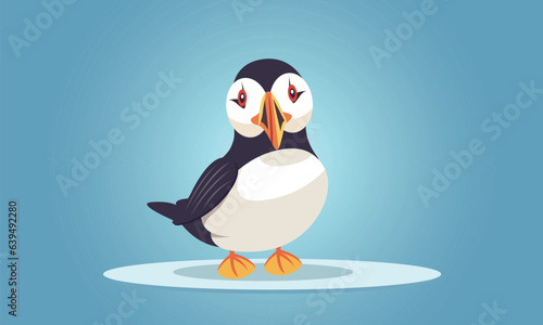 Isolated Little Puffin Character Standing on Light Blue Background.