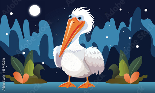 Isolated Pelican Standing in Dark Forest.