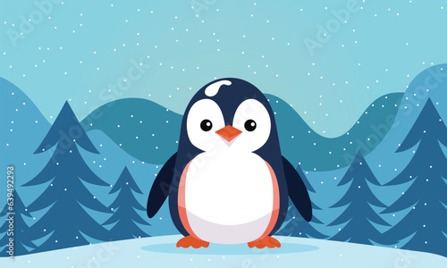 A Cute Penguin Standing in Ice Fole, Fir Tree and Mountain.