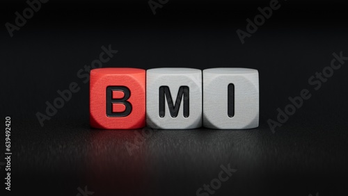 Cubes form the expression "BMI" (Body Mass Index).3D rendering on black background. 