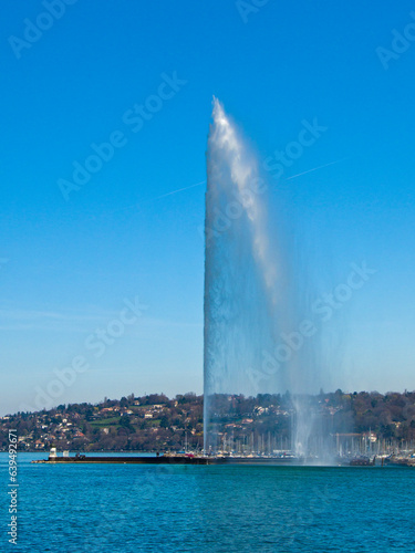 City of Geneva with Jet d'Eau fountain in Switzerland.