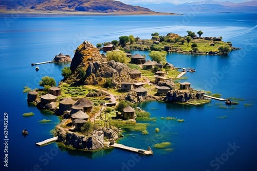 Islands on Lake Titicaca in Puno, Peru. Generative AI photo