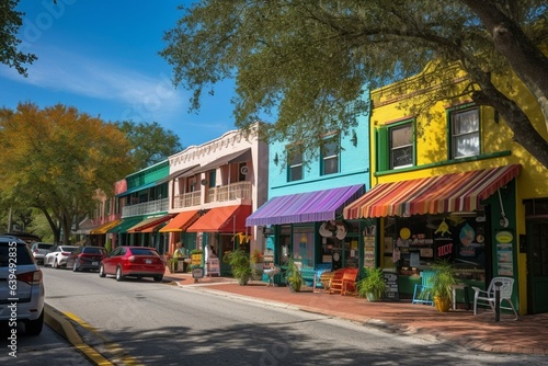 Vibrant downtown in Mount Dora, a quaint artsy town near Orlando, Florida. Generative AI