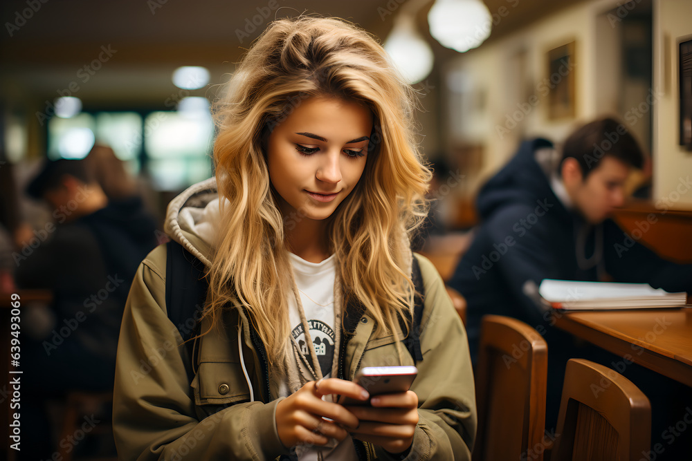 Portrait of teen girl looking at smartphone sitting at desk in university college campus classroom, Young blonde woman holding cellphone in university Portrait of teen girl looking at smartphone sitting at desk in university college campus classroom, Young blonde woman holding cellphone in university