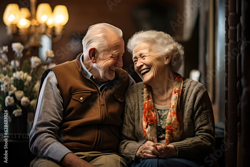 Portrait of happy elderly couple laughing together sitting in boarding house  senior couple enjoy their time together