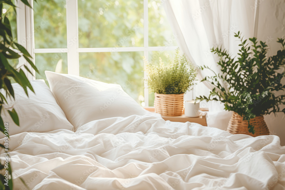 Close up of a bed, coffee table and plants in a minimalistic living bedroom staging Close up of a bed, coffee table and plants in a minimalistic living bedroom staging