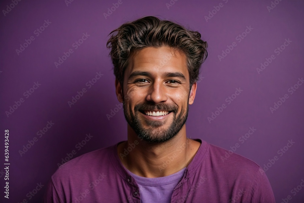Fototapeta premium Portrait of a handsomely cold-smiling man, isolated on a purple background