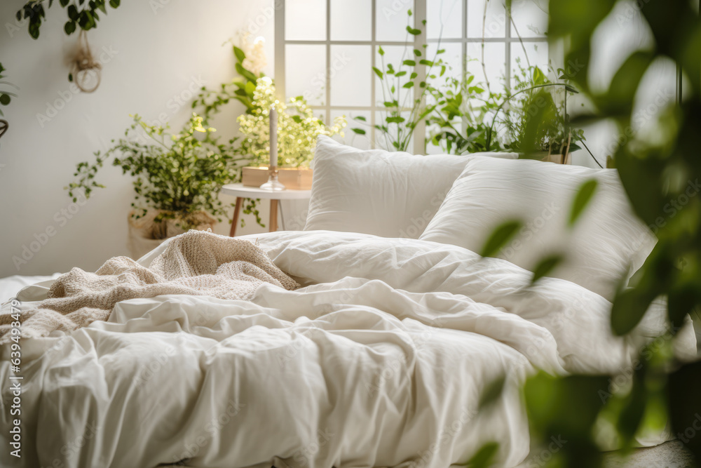 Close up of a bed, coffee table and plants in a minimalistic living bedroom staging
