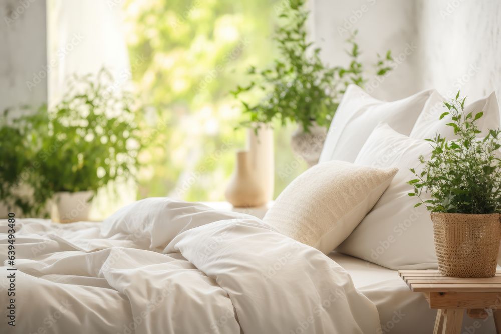 Close up of a bed, coffee table and plants in a minimalistic living bedroom staging Close up of a bed, coffee table and plants in a minimalistic living bedroom staging