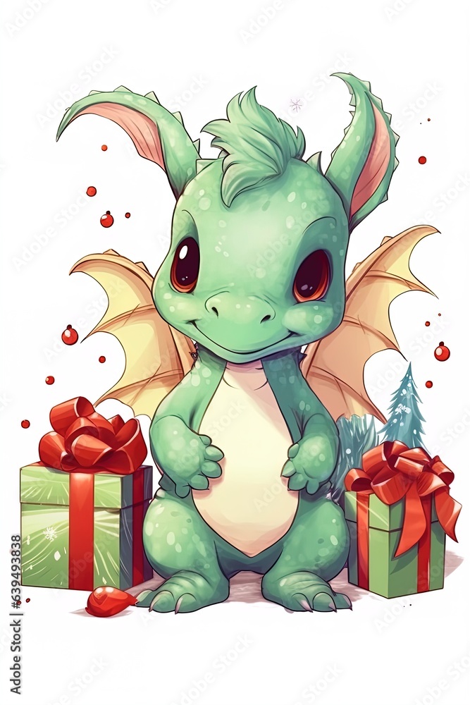 Fantasy cute dragon with christmas hat, new year's card, New Year 2024. Generative AI Fantasy cute dragon with christmas hat, new year's card, New Year 2024. Generative AI