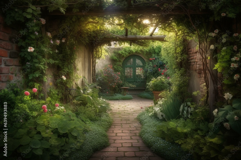 A charming hidden garden with floral archways and vibrant foliage. Digitally rendered backdrop. Generative AI
