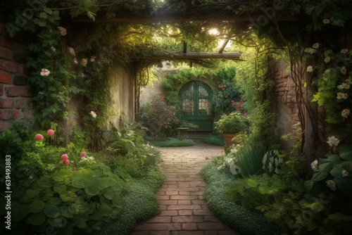 A charming hidden garden with floral archways and vibrant foliage Fototapeta