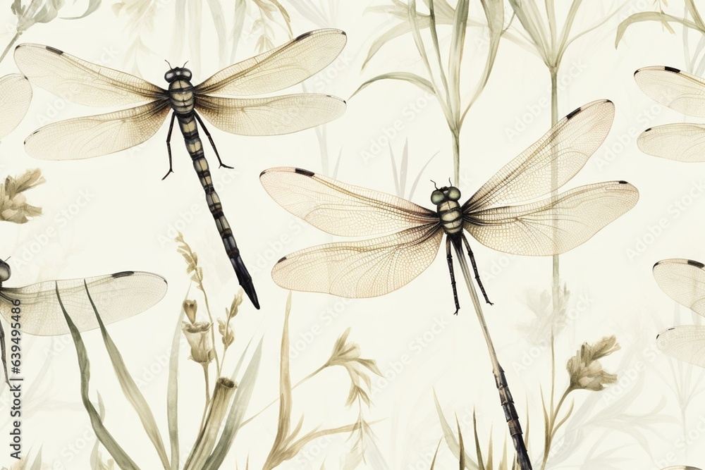 Seamless pattern featuring dragonflies in watercolor on a beige background. Generative AI - obrazy, fototapety, plakaty 