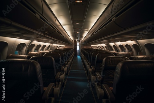 Dimly lit plane cabin with seating rows and a cramped aisle. Generative AI