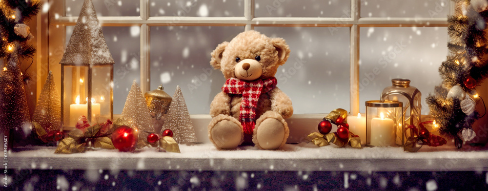 Christmas card. teddy bear, Christmas decorations and burning candles on the windowsill. vintage style, legal AI