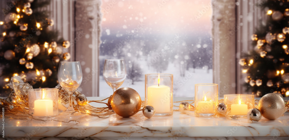 Christmas card. burning candles, Christmas decorations on a white marble window sill overlooking the winter forest outside the window, legal AI Christmas card. burning candles, Christmas decorations on a white marble window sill overlooking the winter forest outside the window, legal AI