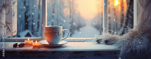 Christmas card. a cup of coffee with burning candles on the windowsill overlooking the rising sun and the winter forest, legal AI
