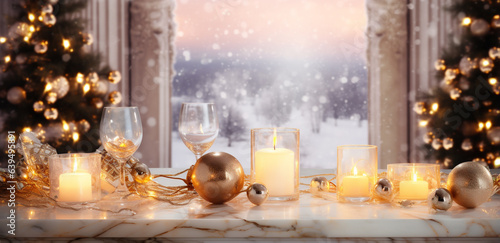 Christmas card. burning candles, Christmas decorations on a white marble window sill overlooking the winter forest outside the window, legal AI