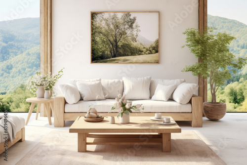 Stylish living room with a white sofa, pillows and a coffee table