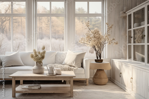 Stylish living room with a white sofa  pillows and a coffee table